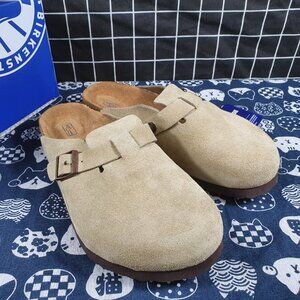 Birkenstock Boston taupe suede mule clogs